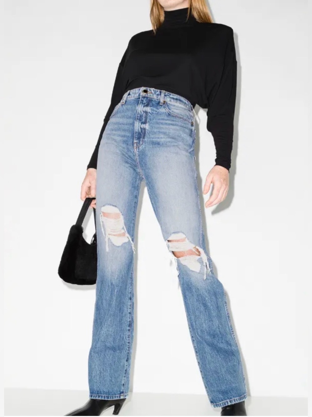 EUC Khaite Danielle Distressed High Waist Straight Leg Jeans Sz 29